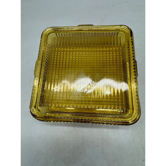 Vintage Square Federal Glass Yellow Ribbed Refrigerator Lidded Box 8.5" READ - Picture 2 of 7